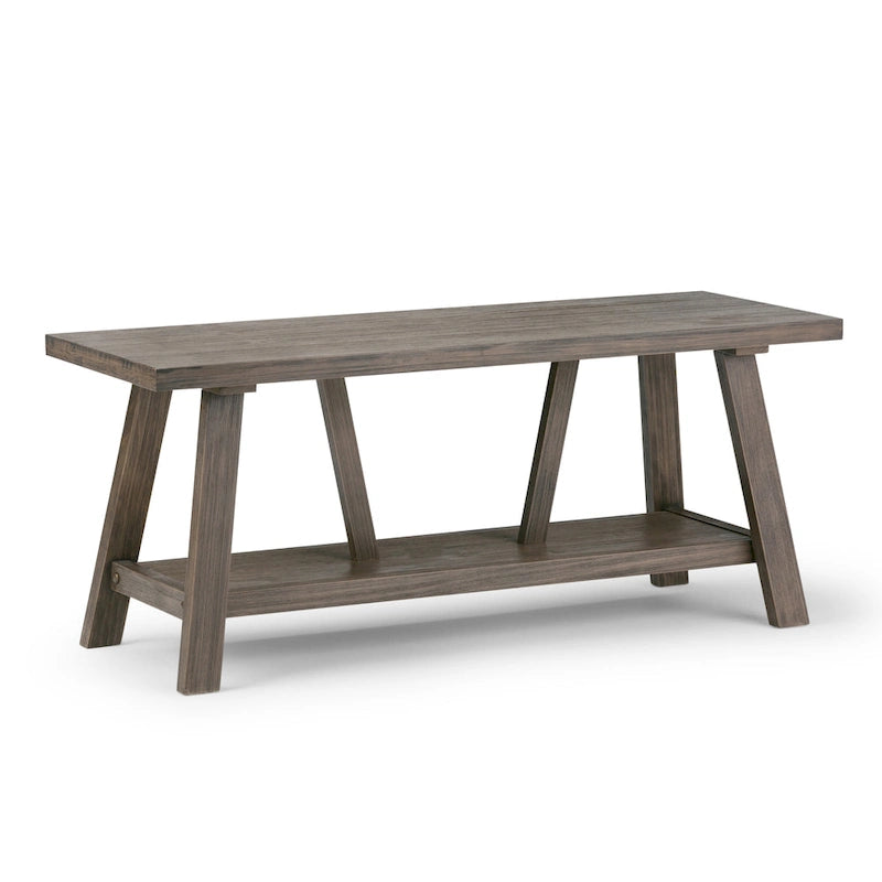 Banc d'entrée industriel WYNDENHALL Stewart en BOIS MASSIF de 122 cm de large, couleur bois flotté - 122 L x 43 P x 51 H