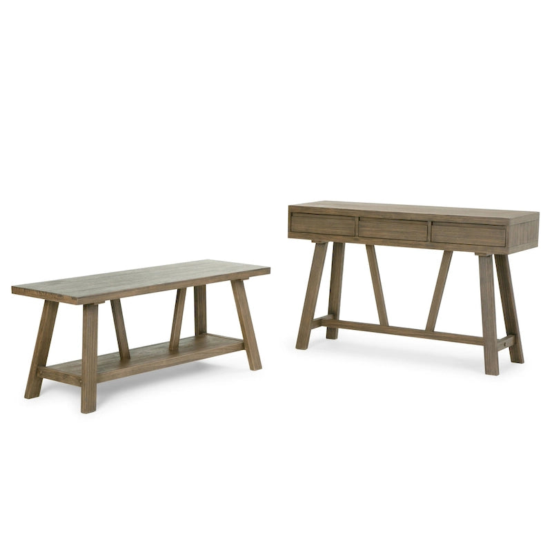 Banc d'entrée industriel WYNDENHALL Stewart en BOIS MASSIF de 122 cm de large, couleur bois flotté - 122 L x 43 P x 51 H