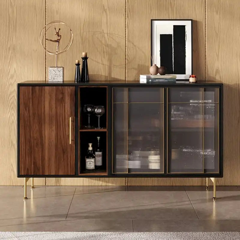 55.12 Buffet-Bahut Moderne Milieu de Siècle 3 Portes, Cadre en Bois Massif Multicouche, Placage Noyer, Entièrement Assemblé - 55.12
