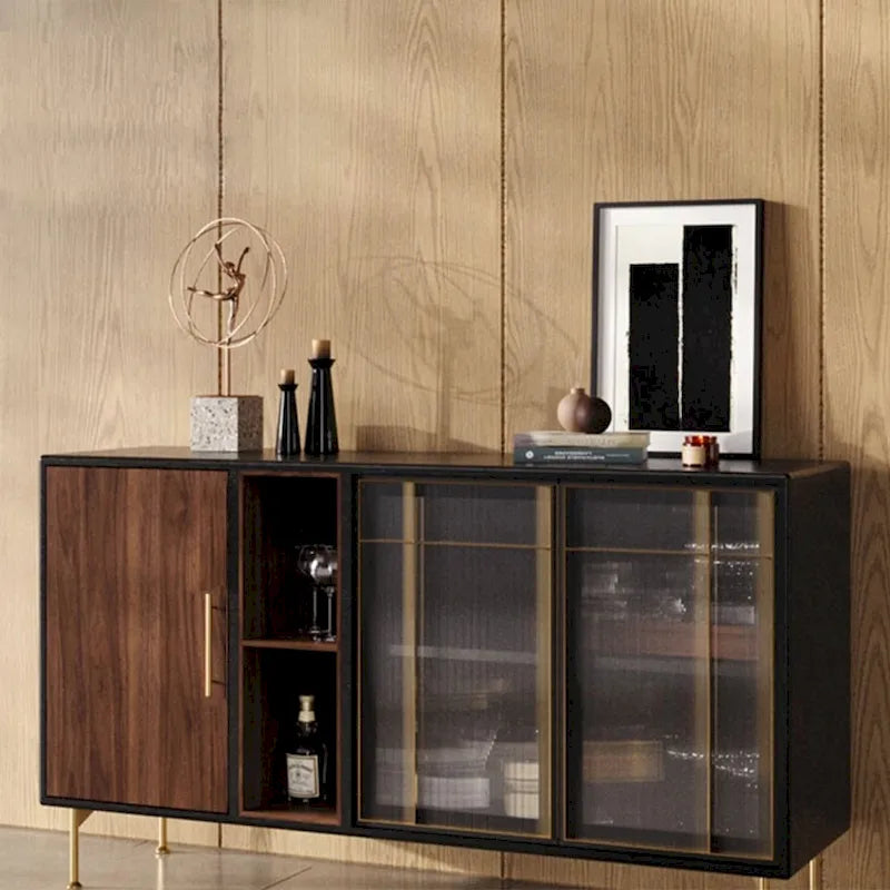 55.12 Buffet-Bahut Moderne Milieu de Siècle 3 Portes, Cadre en Bois Massif Multicouche, Placage Noyer, Entièrement Assemblé - 55.12