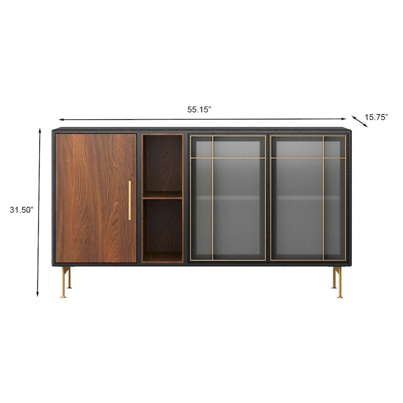 55.12 Buffet-Bahut Moderne Milieu de Siècle 3 Portes, Cadre en Bois Massif Multicouche, Placage Noyer, Entièrement Assemblé - 55.12