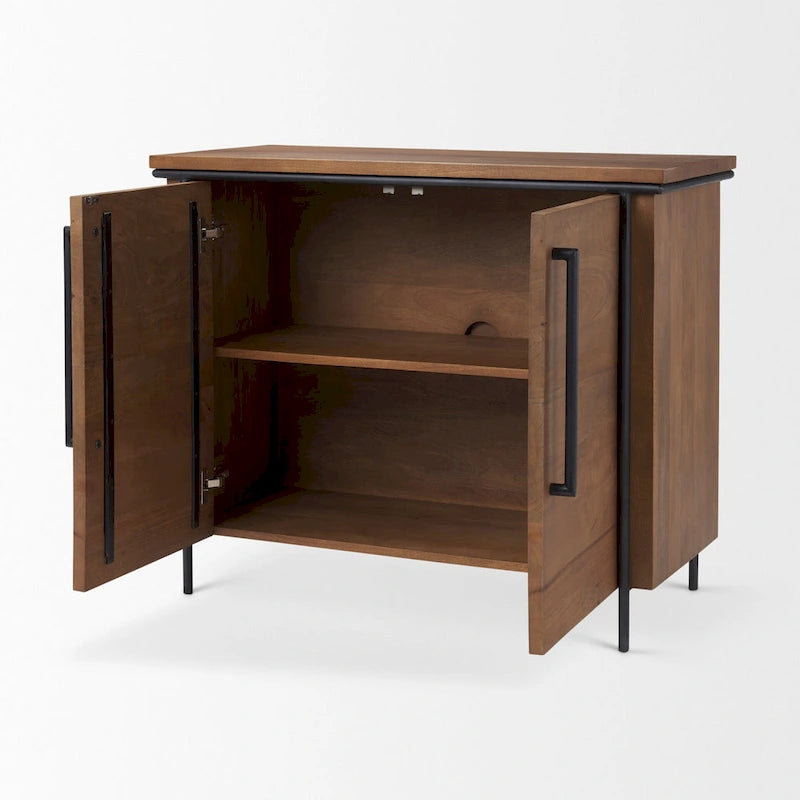 Meuble d'appoint Maddox en bois massif brun moyen avec cadre en fer noir et 2 portes