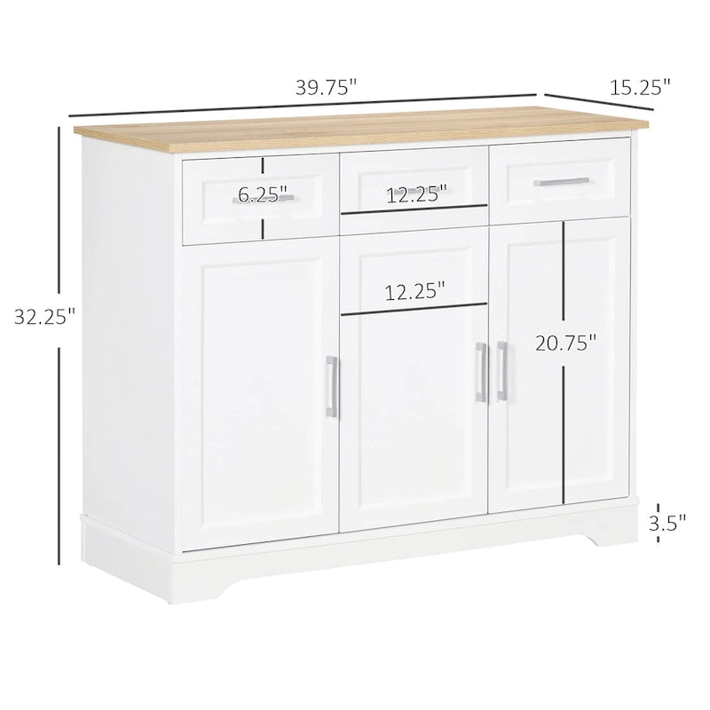 HOMCOM Buffet de cuisine moderne avec rangement polyvalent, 3 tiroirs, placards et étagère réglable