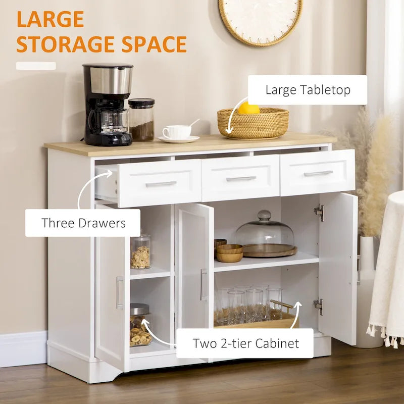 HOMCOM Buffet de cuisine moderne avec rangement polyvalent, 3 tiroirs, placards et étagère réglable