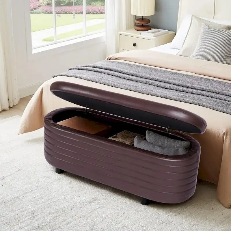 Banc de rangement moderne en cuir PU, repose-pieds rembourré pour entrée avec pieds en bois massif, bout de lit pour salon et chambre à coucher
