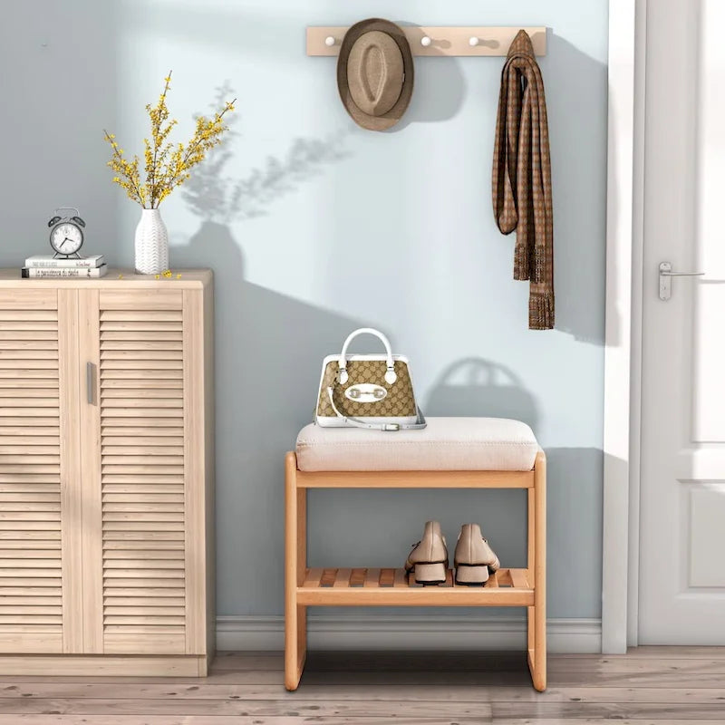 Banc à chaussures en bois massif avec coussin éponge, Étagère à chaussures pour entrée - 23