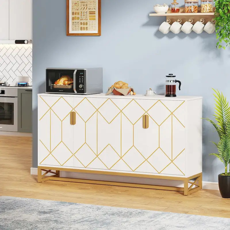 Buffet en Or Blanc avec Rangement, Meuble de Rangement pour Cuisine
