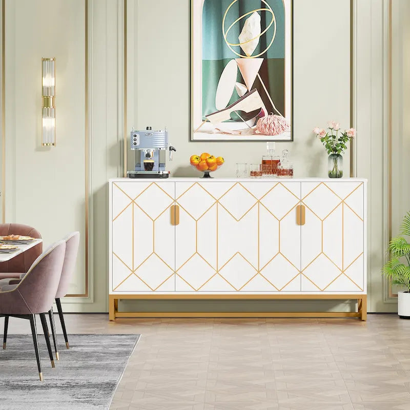 Buffet en Or Blanc avec Rangement, Meuble de Rangement pour Cuisine