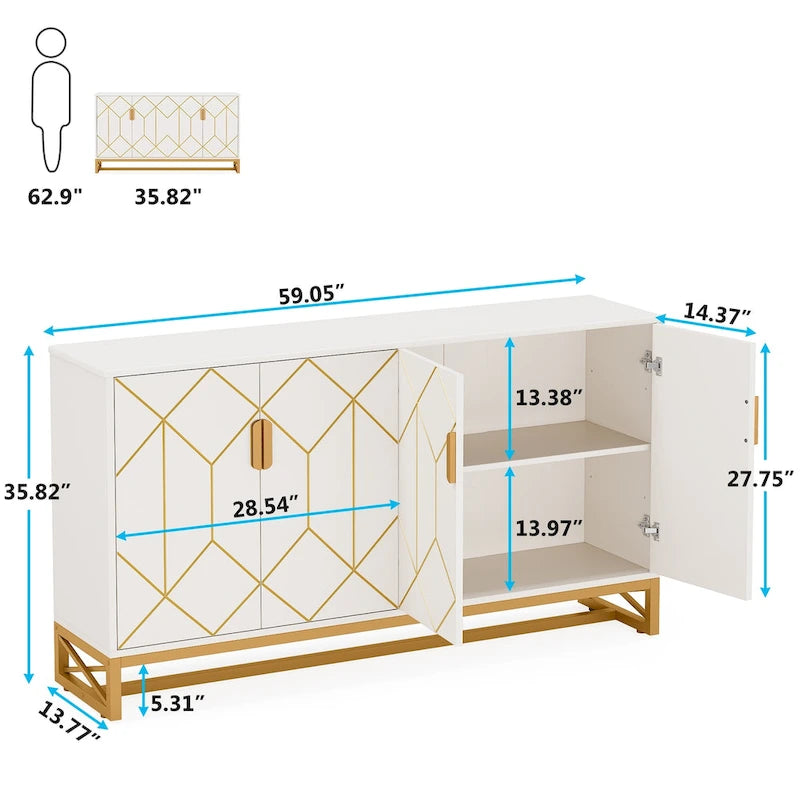 Buffet en Or Blanc avec Rangement, Meuble de Rangement pour Cuisine