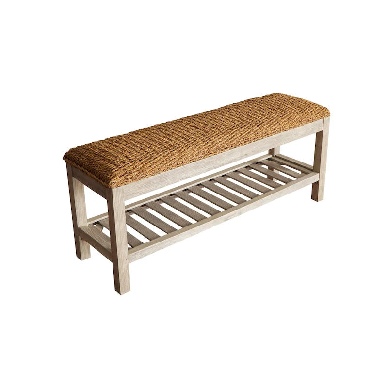 M4H Lindos Banc à chaussures de rangement en jacinthe d'eau et bois massif