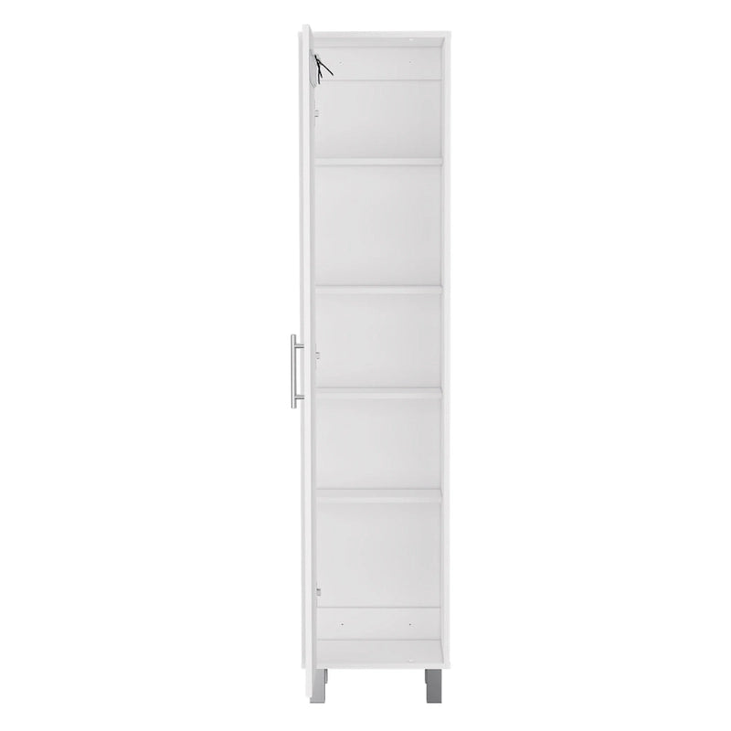 Meuble de rangement haut et étroit Dryden avec 5 étagères et supports à balais, blanc