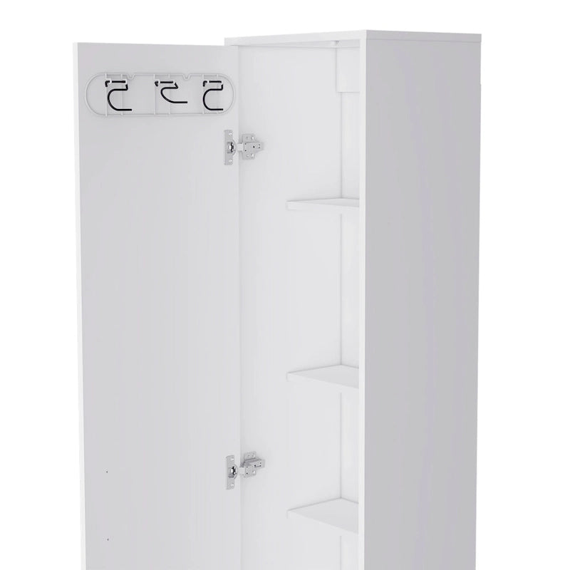 Meuble de rangement haut et étroit Dryden avec 5 étagères et supports à balais, blanc