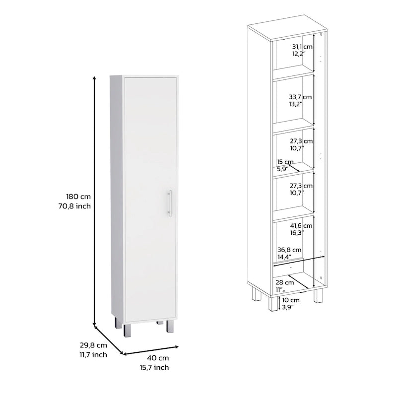 Meuble de rangement haut et étroit Dryden avec 5 étagères et supports à balais, blanc