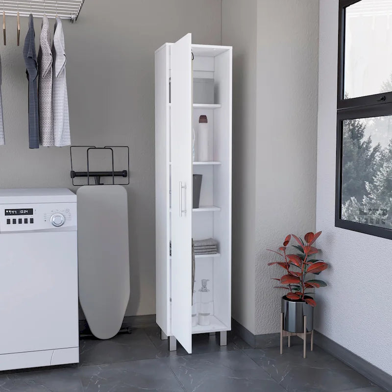 Meuble de rangement haut et étroit Dryden avec 5 étagères et supports à balais, blanc