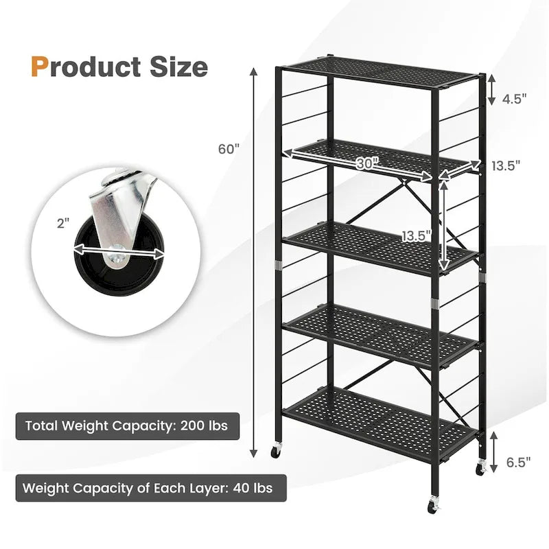 Étagères réglables à 5 niveaux avec roulettes pour garage, cuisine, balcon - 30 x 13.5 x 60