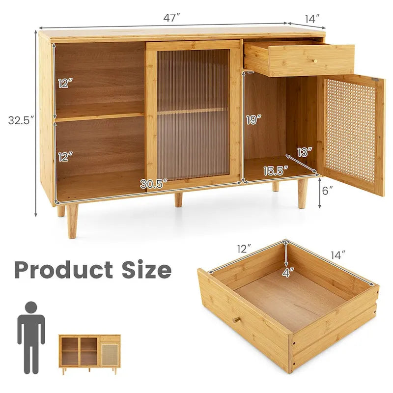 Bahut moderne en bambou avec portes coulissantes en verre trempé - Naturel - 47 x 14 x 32,5 (L x l x H)