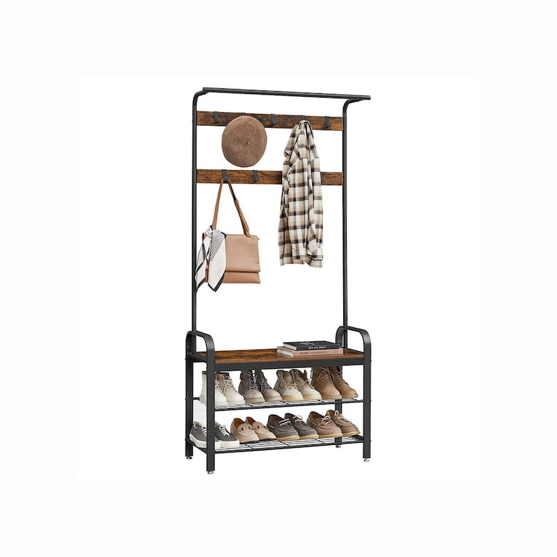 Porte-manteau, Meuble d'entrée avec banc à chaussures, Design 3-en-1, Montage facile, Marron rustique et Noir