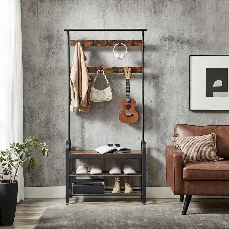 Porte-manteau, Meuble d'entrée avec banc à chaussures, Design 3-en-1, Montage facile, Marron rustique et Noir