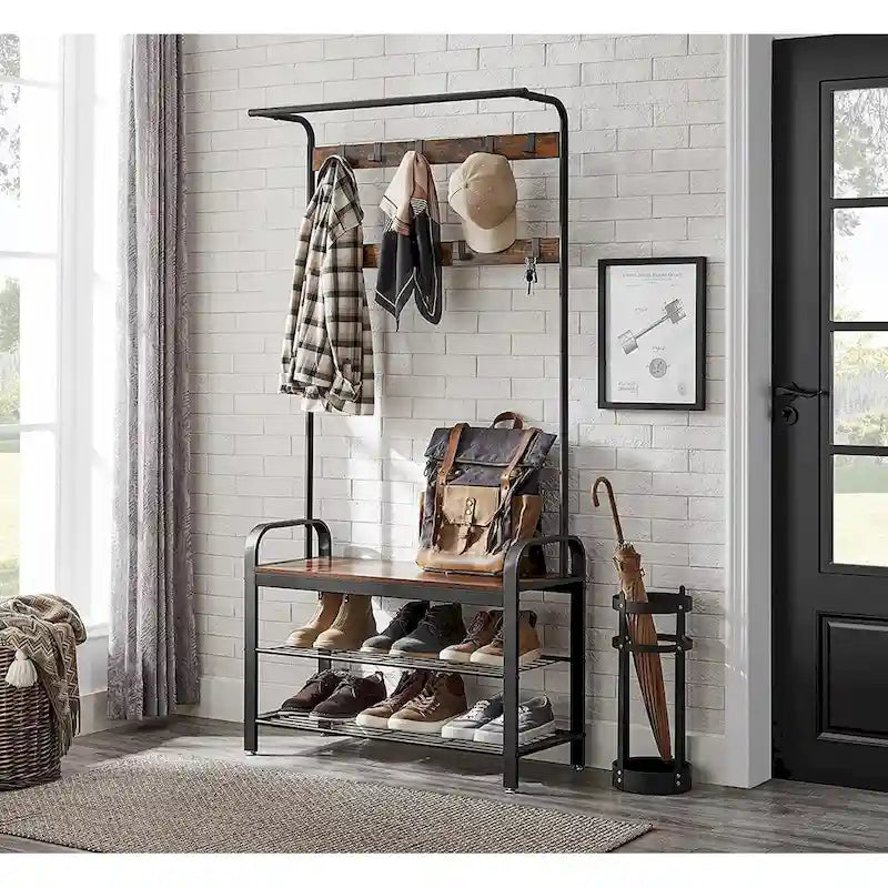 Porte-manteau, Meuble d'entrée avec banc à chaussures, Design 3-en-1, Montage facile, Marron rustique et Noir