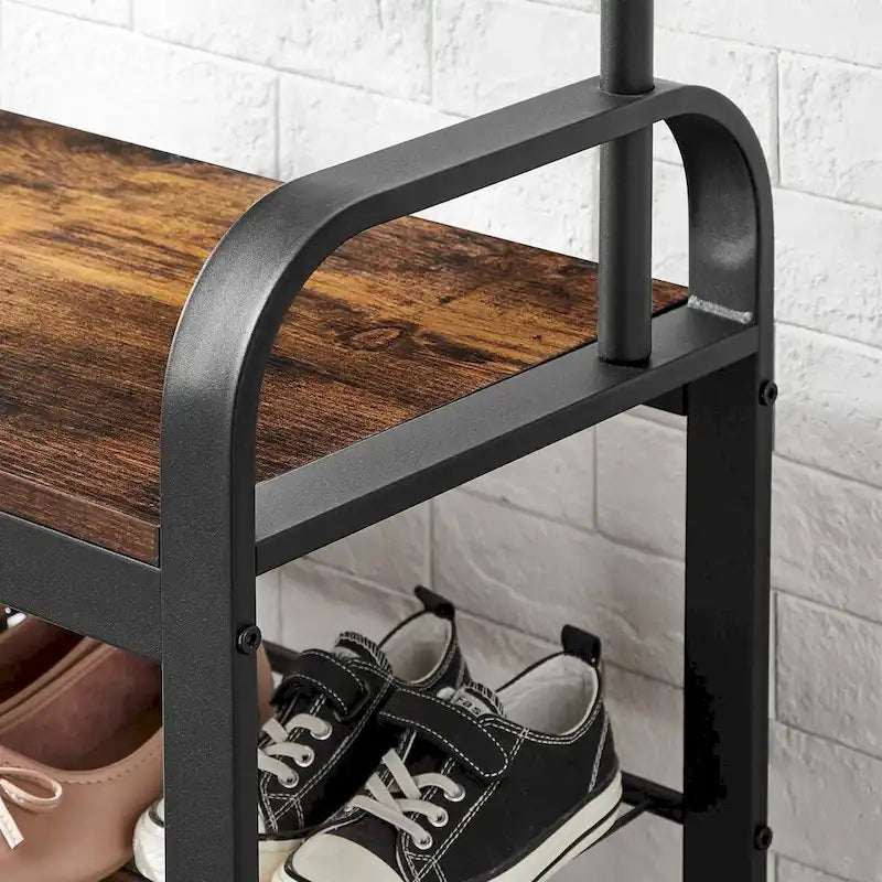 Porte-manteau, Meuble d'entrée avec banc à chaussures, Design 3-en-1, Montage facile, Marron rustique et Noir