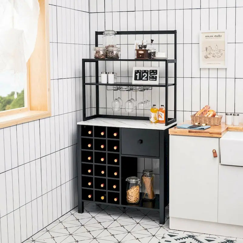 Gymax Étagère de Cuisine Autonome avec Casier à Vin et Support Verres