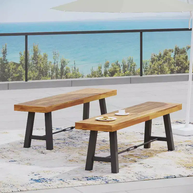 Bancs de salle à manger d'extérieur Rosario GDFStudio en bois d'acacia (lot de 2), teck/métal rustique