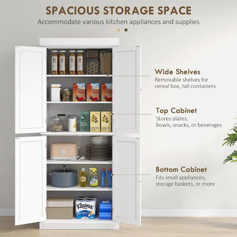 Armoire de rangement de cuisine de 72,5 po, placard de cuisine autoportant avec 4 portes et étagères réglables pour salle à manger, MDF