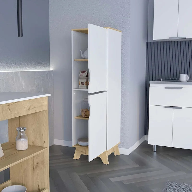 Meuble bas de cuisine, quatre étagères, deux portes, finition chêne clair / blanc