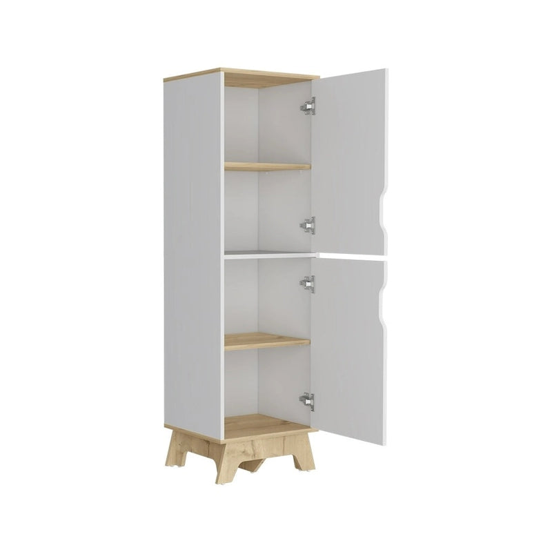 Meuble bas de cuisine, quatre étagères, deux portes, finition chêne clair / blanc