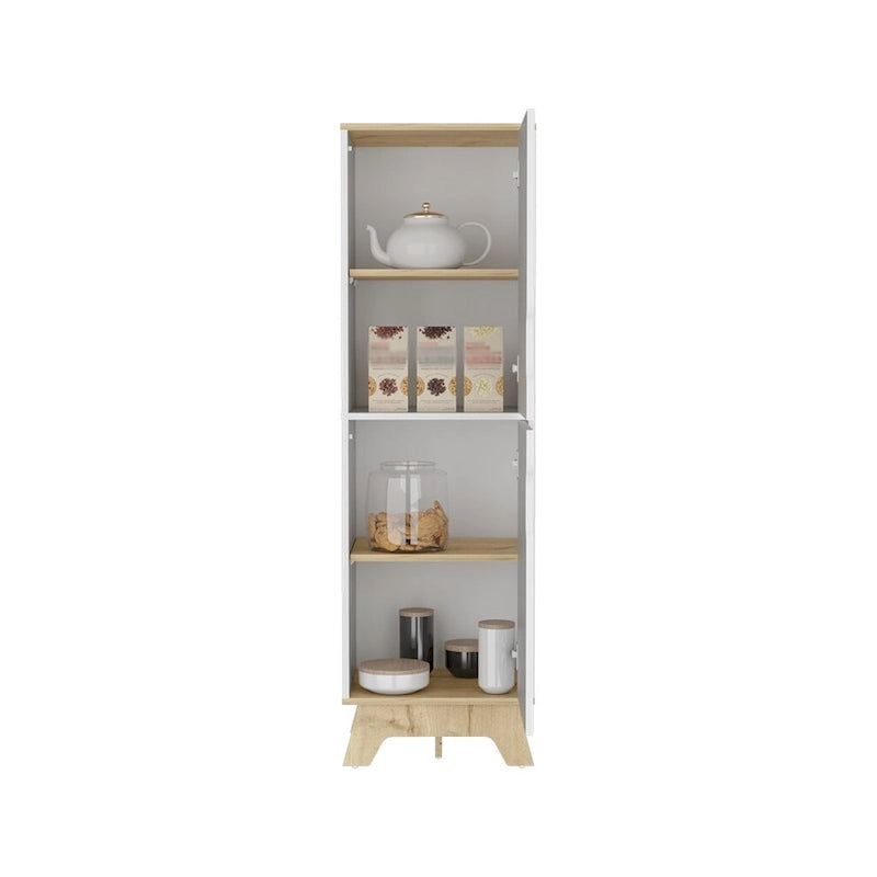 Meuble bas de cuisine, quatre étagères, deux portes, finition chêne clair / blanc