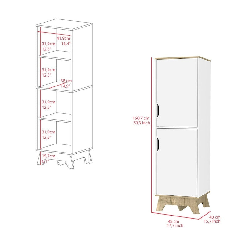 Meuble bas de cuisine, quatre étagères, deux portes, finition chêne clair / blanc