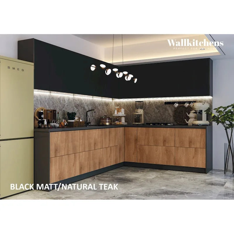 Collection culinaire de cuisine, base en teck naturel et noire, 3 m de large - 94x120