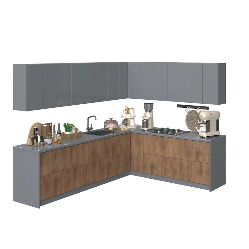 Collection culinaire de cuisine, base en teck naturel et noire, 3 m de large - 94x120