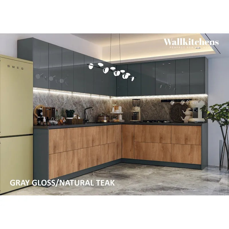 Collection culinaire de cuisine, base en teck naturel et noire, 3 m de large - 94x120