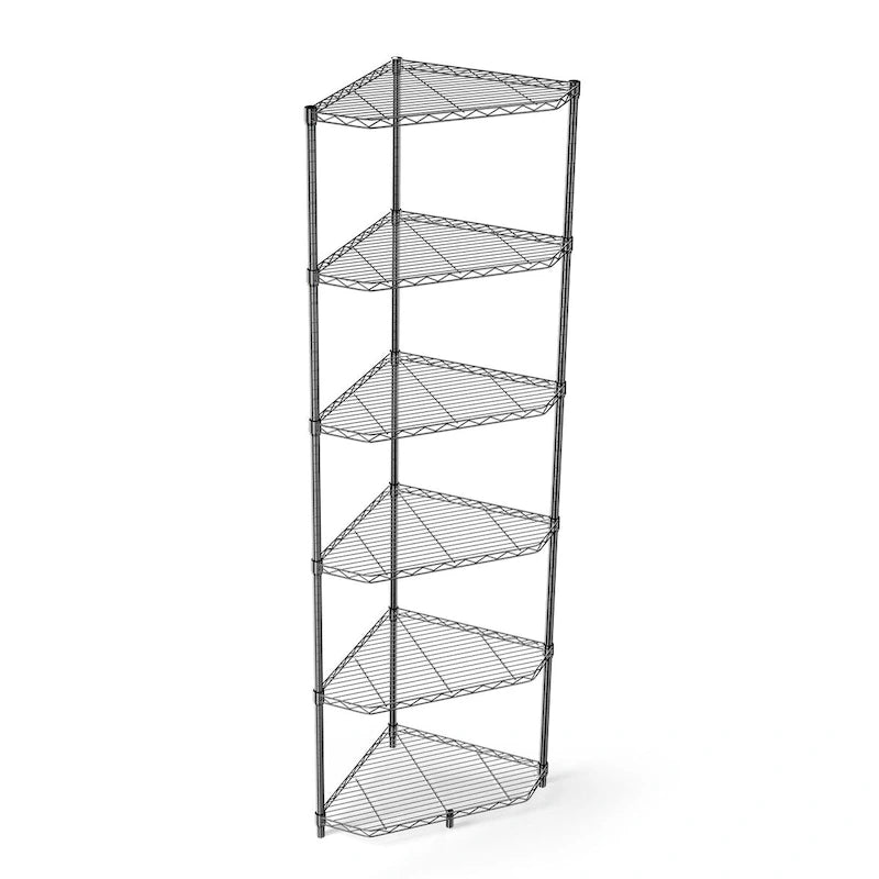 Étagère d'angle à 6 niveaux en fil métallique, étagères pentagonales, en métal réglable, robuste, autoportante, pour rangement d'angle, présentoir chromé