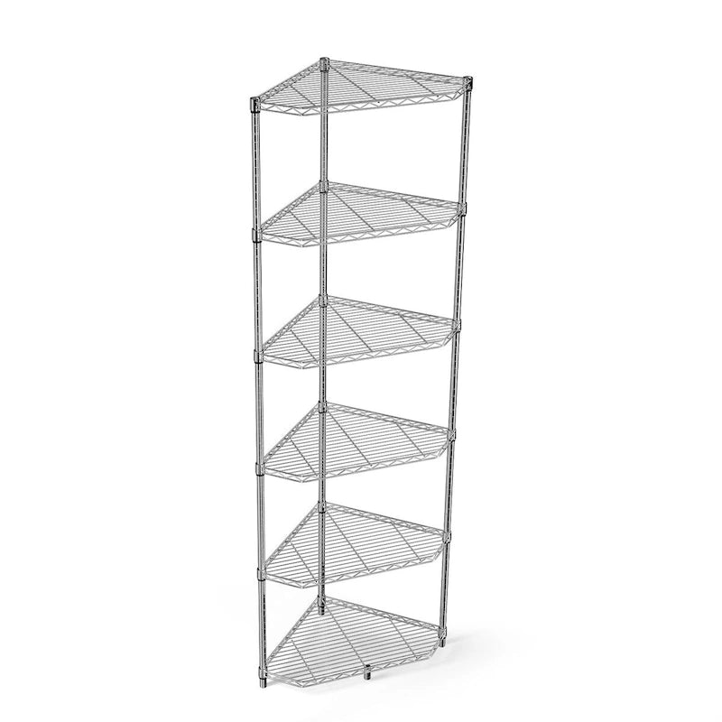 Étagère d'angle à 6 niveaux en fil métallique, étagères pentagonales, en métal réglable, robuste, autoportante, pour rangement d'angle, présentoir chromé