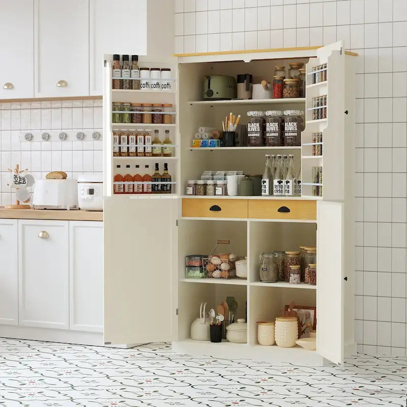 Garde-manger de cuisine autoportant Grand placard de rangement avec 2 tiroirs, 2 étagères réglables, 8 étagères de porte