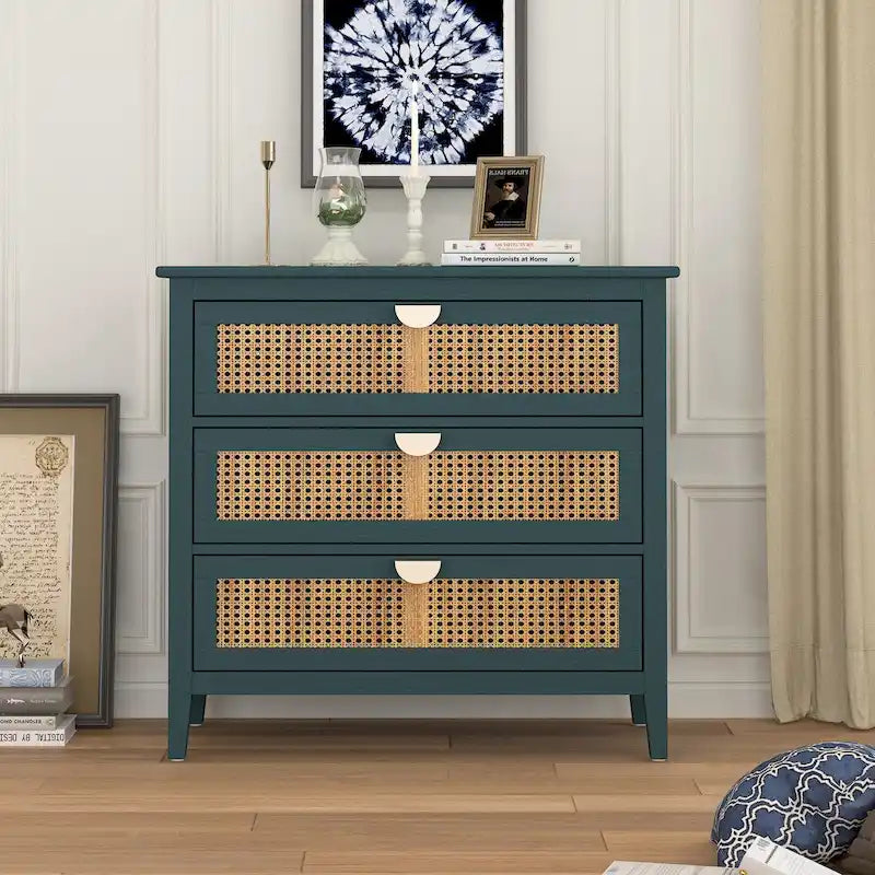Commode 3 tiroirs, rotin naturel, Meuble américain, Convient pour chambre, salon, bureau