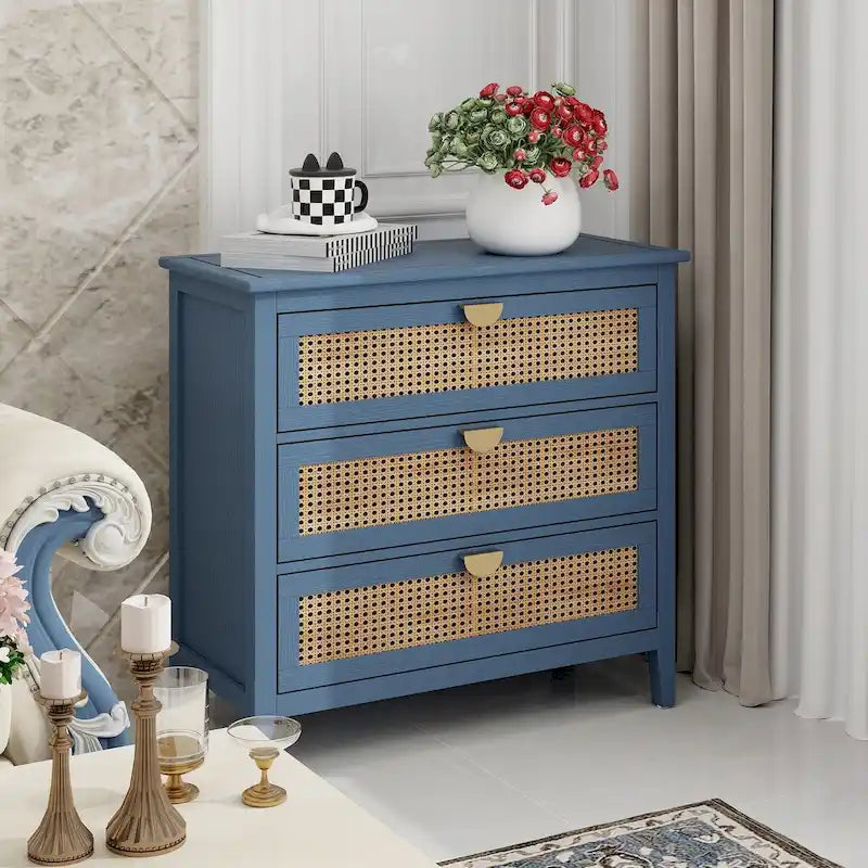 Commode 3 tiroirs, rotin naturel, Meuble américain, Convient pour chambre, salon, bureau
