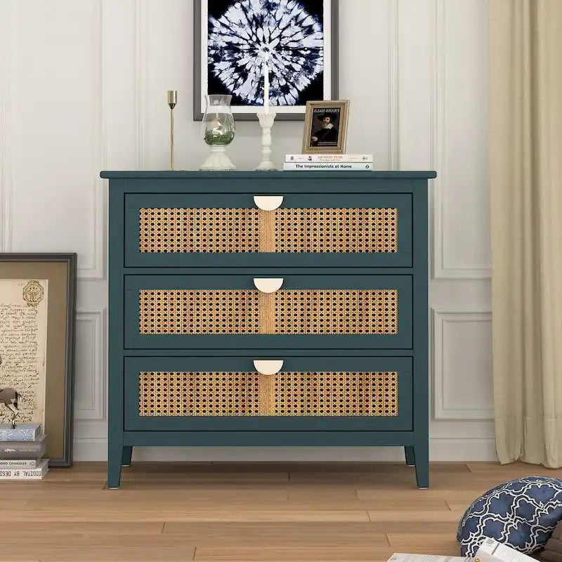 Commode 3 tiroirs, rotin naturel, Meuble américain, Convient pour chambre, salon, bureau