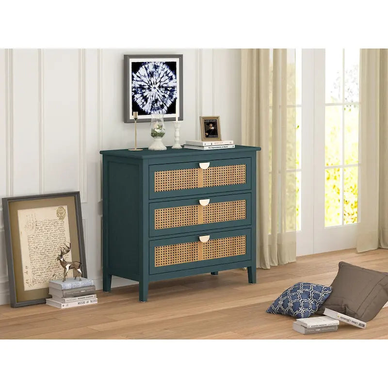 Commode 3 tiroirs, rotin naturel, Meuble américain, Convient pour chambre, salon, bureau