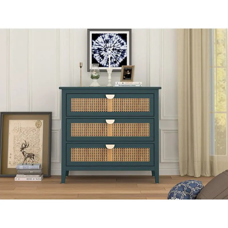 Commode 3 tiroirs, rotin naturel, Meuble américain, Convient pour chambre, salon, bureau