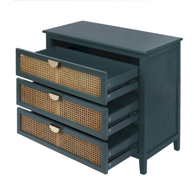 Commode 3 tiroirs, rotin naturel, Meuble américain, Convient pour chambre, salon, bureau