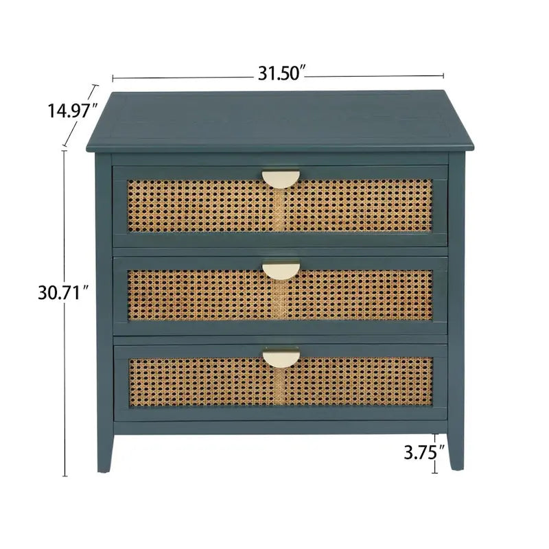 Commode 3 tiroirs, rotin naturel, Meuble américain, Convient pour chambre, salon, bureau