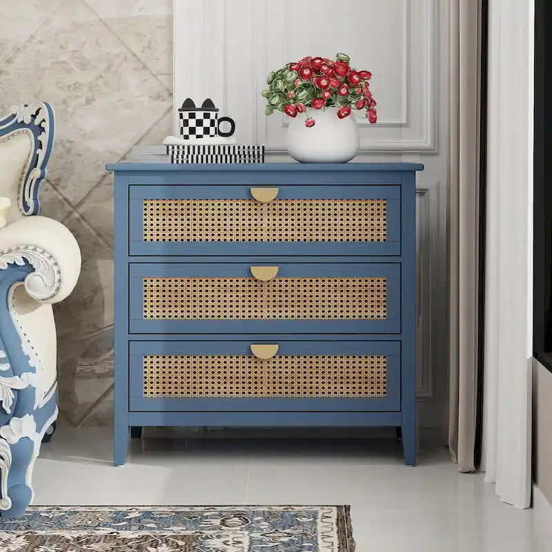Commode 3 tiroirs, rotin naturel, Meuble américain, Convient pour chambre, salon, bureau