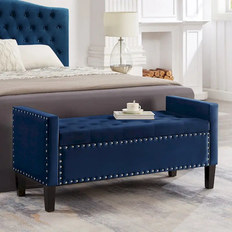 Banc de rangement capitonné avec garniture cloutée, assise rembourrée douce avec accoudoirs pour entrée ou salon, banc de lit