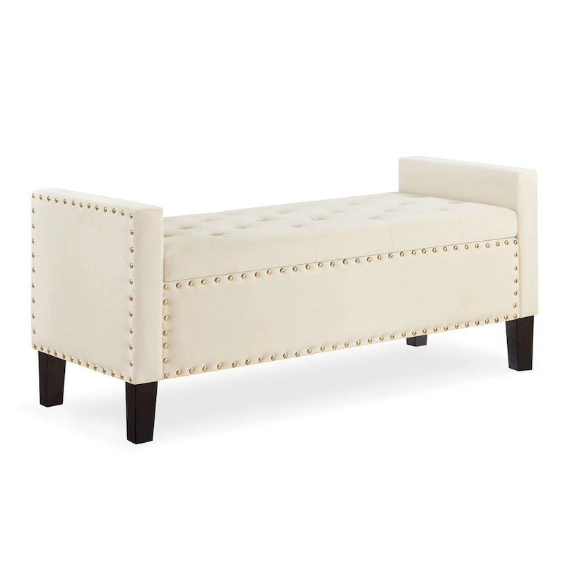 Banc de rangement capitonné avec garniture cloutée, assise rembourrée douce avec accoudoirs pour entrée ou salon, banc de lit