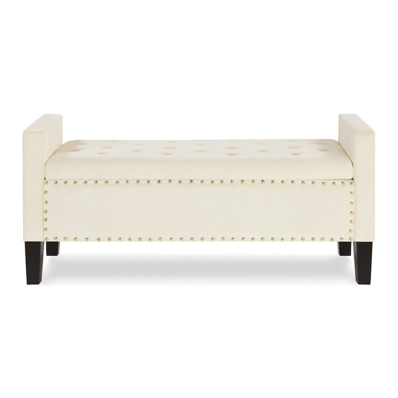 Banc de rangement capitonné avec garniture cloutée, assise rembourrée douce avec accoudoirs pour entrée ou salon, banc de lit
