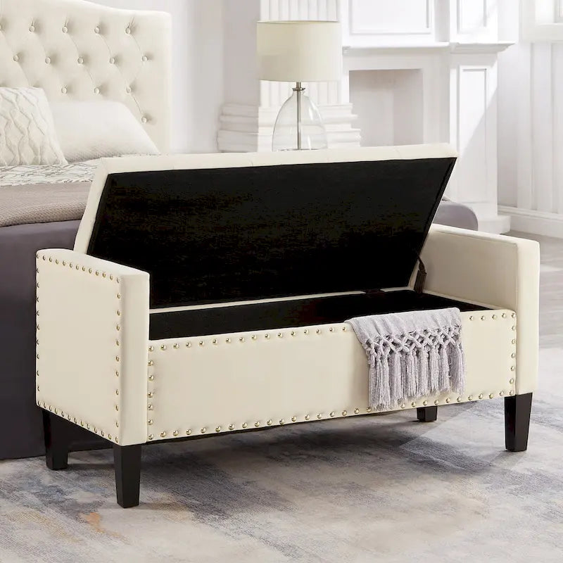 Banc de rangement capitonné avec garniture cloutée, assise rembourrée douce avec accoudoirs pour entrée ou salon, banc de lit