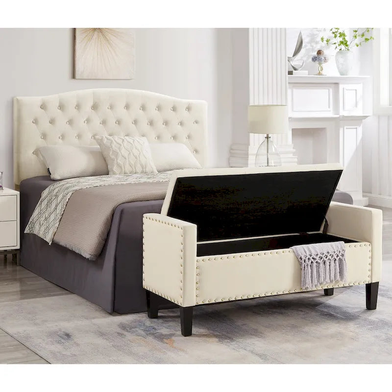 Banc de rangement capitonné avec garniture cloutée, assise rembourrée douce avec accoudoirs pour entrée ou salon, banc de lit